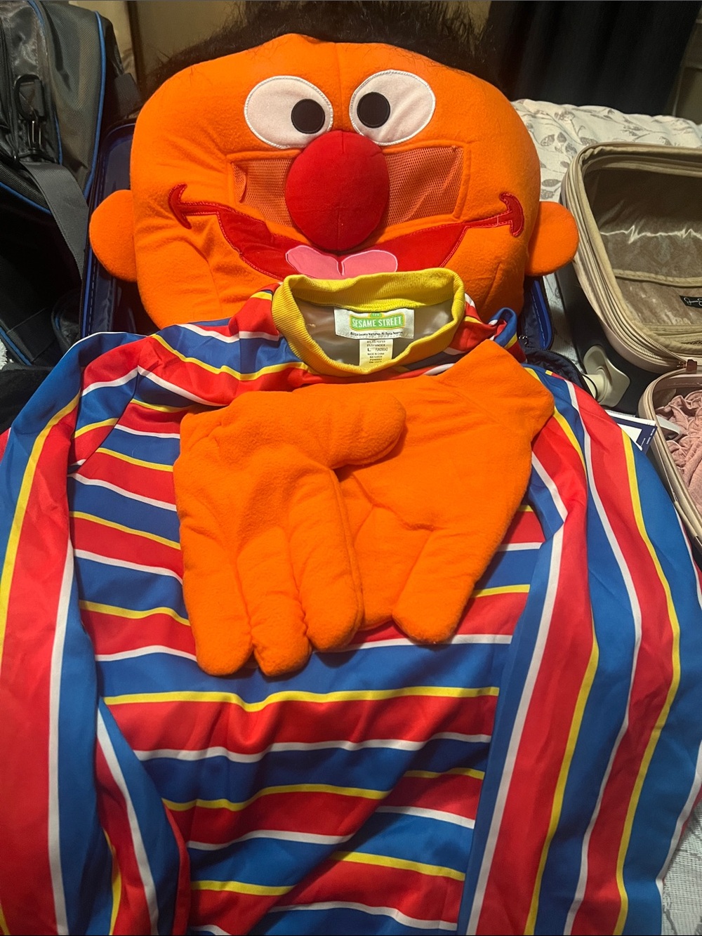 Sesame Street Ernie Costume Top - Orange Head with Red Nose & Multi-Stripe Shirt